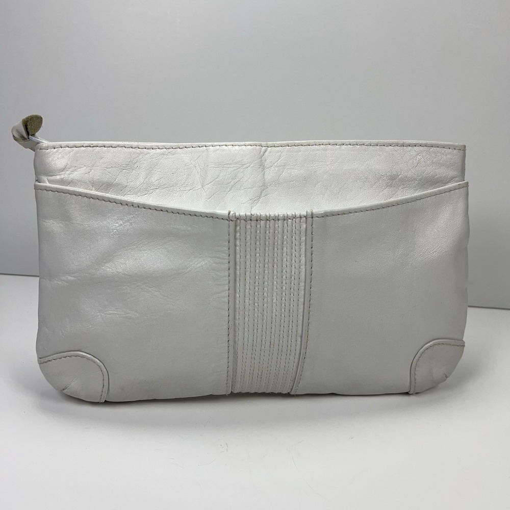 Vintage Antonia Leather Clutch Zip Close Evening Handbag Retro Glam 80s White